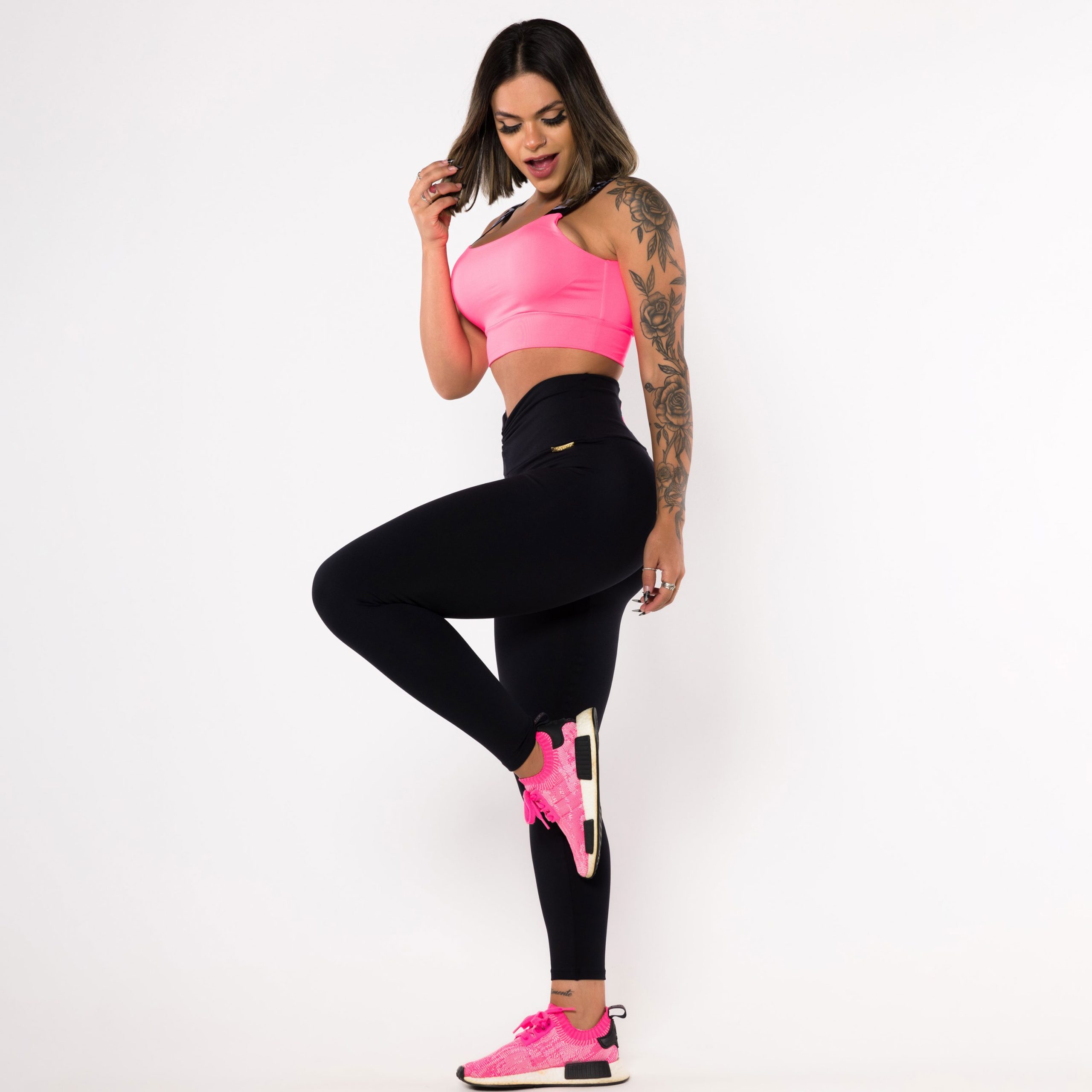 Conjunto Fitness Top Transpasse Costas e Calça Legging Preto e Rosa Neon