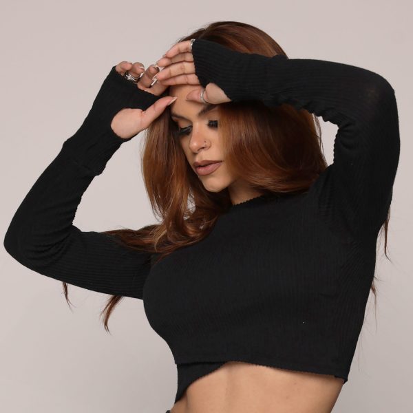 CROPPED MALTA MANGA LONGA CANELADO PRETO