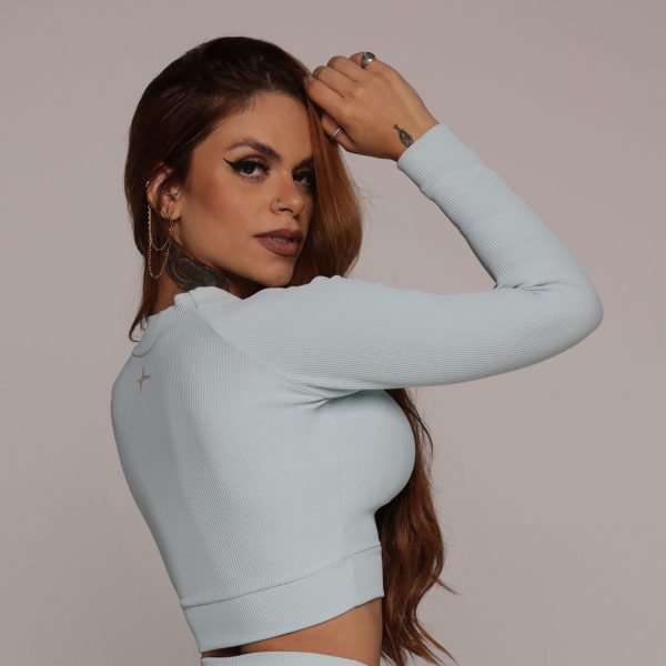 CROPPED CARMEL MANGA LONGA JACQUARD CANELADO AZUL SERENITY - Imagem 2